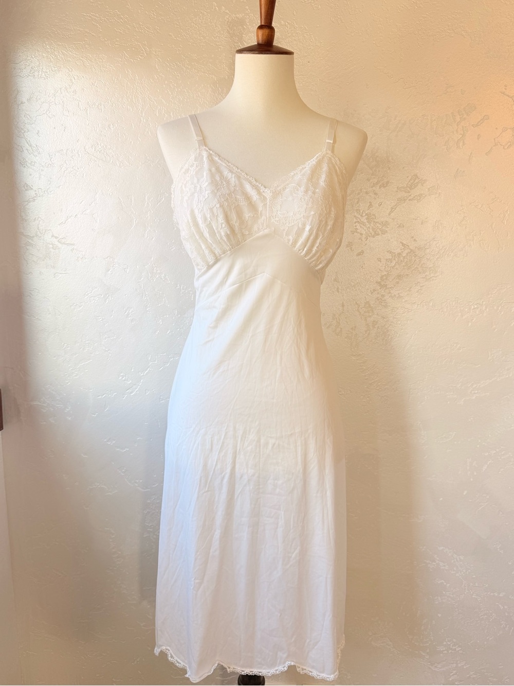 Vintage 1950s–60s Vanity Fair Lace Bodice Slip Dress White Nylon
